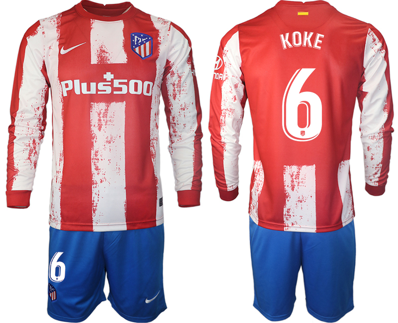 Men 2021-2022 Club Atletico Madrid home red Long Sleeve #6 Soccer Jersey